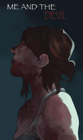 The Devil Ellie, a brown haired woman with short hair, from The Last Of Us covered in blood looking off in the distance