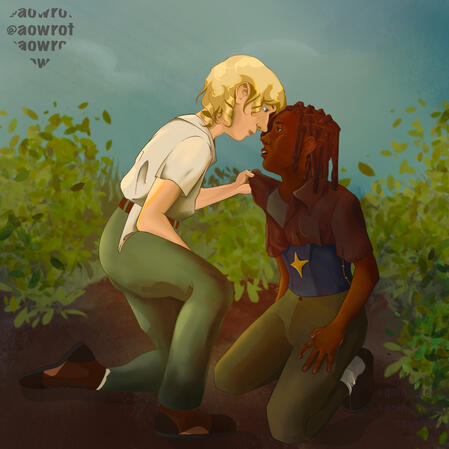 A white man with blond curls and a black man with brown locs fight homosexually