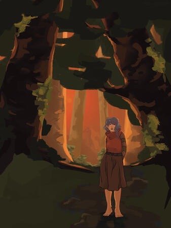 Untitled a girl standing alone in a forest at sunset